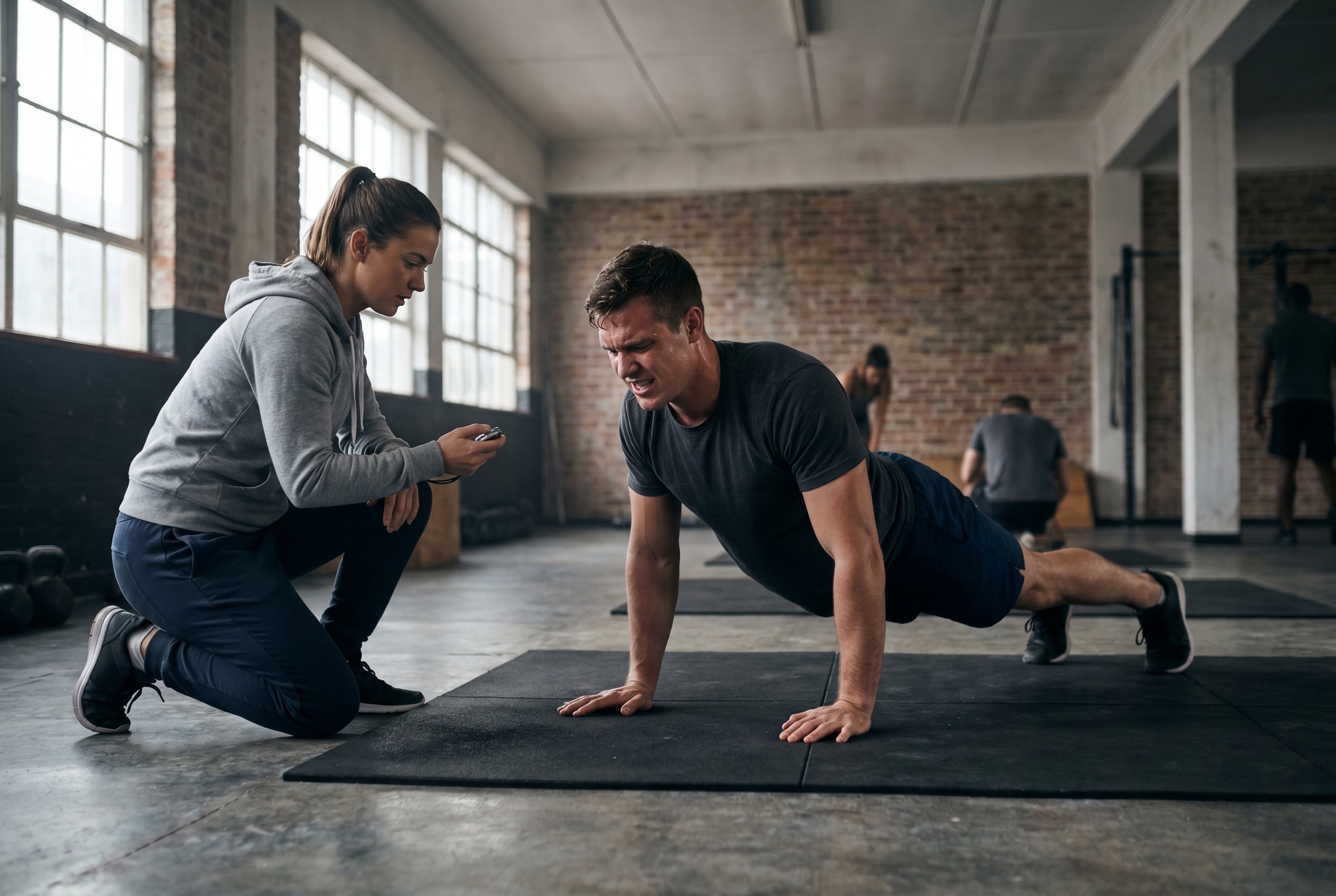 Athlete holding a timed prone bridge core hold while a coach times it