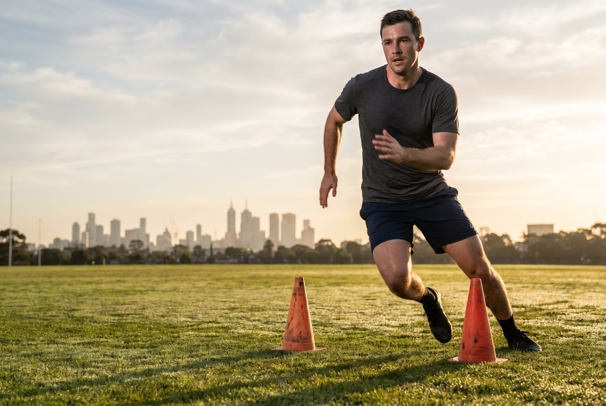 Candidate sprinting a 20-metre shuttle run at sunrise while training for the QLD Police fitness test in Queensland
