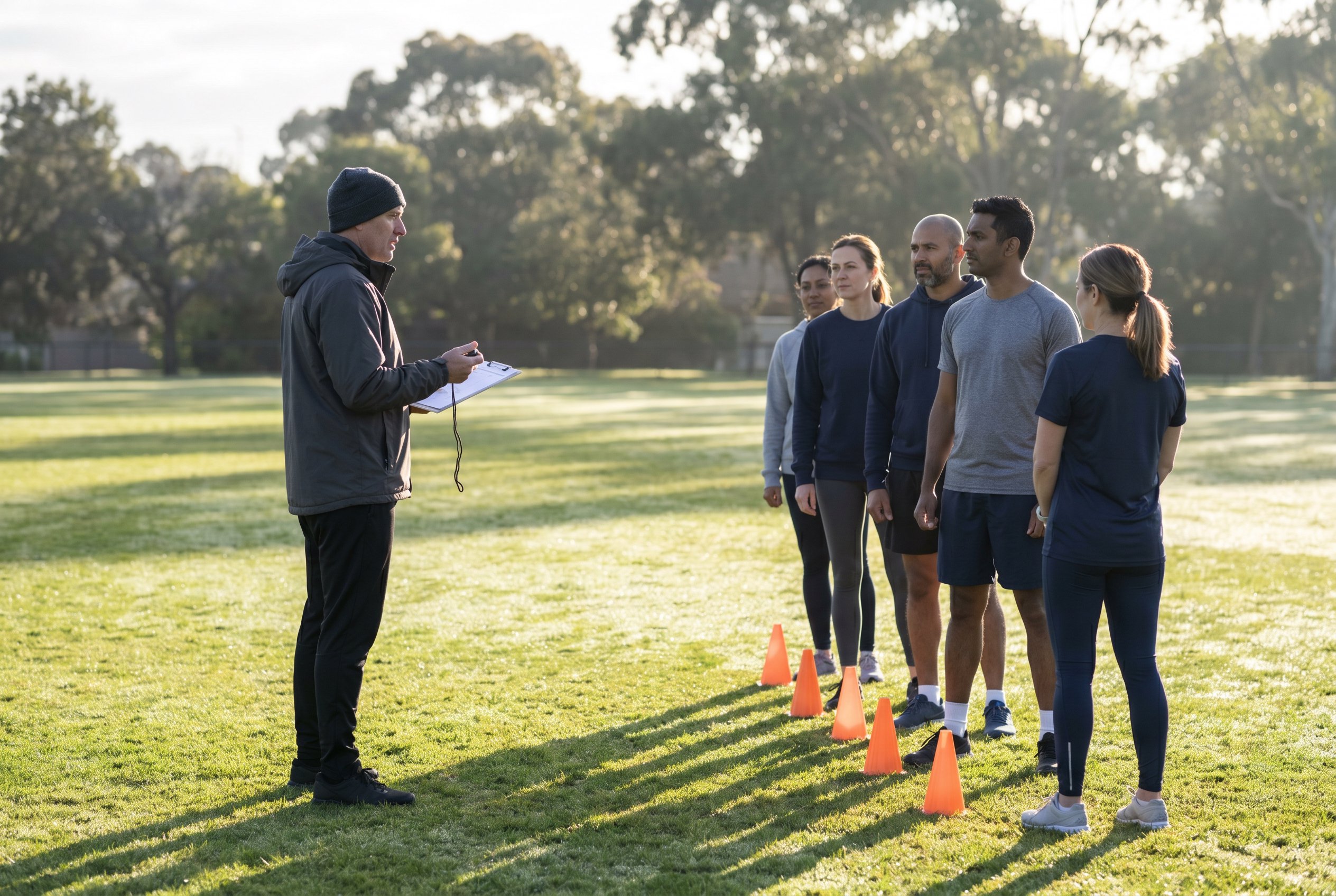 Coach running a mock QLD Police fitness assessment on a Queensland oval