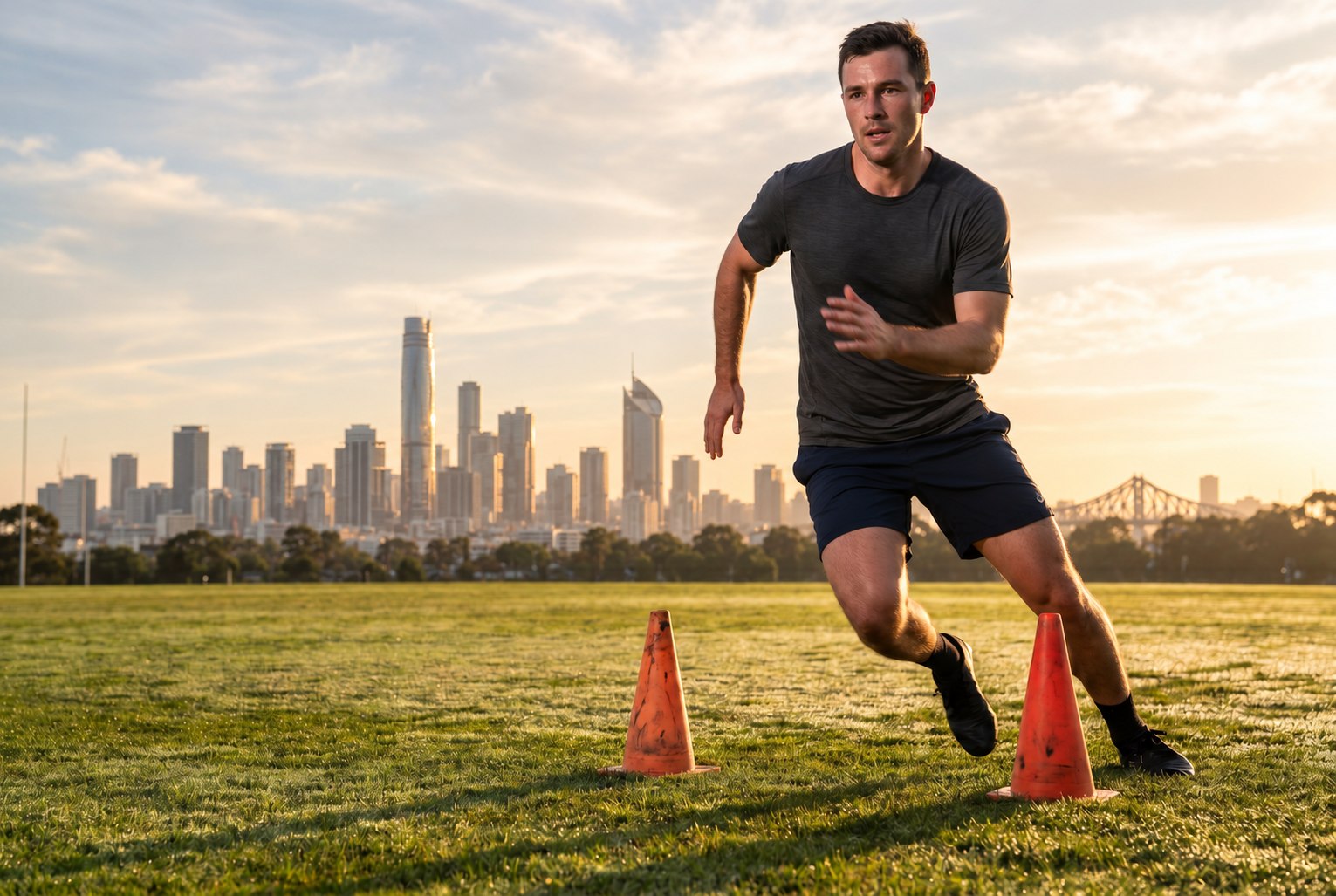 Candidate practising a shuttle run on a grass oval with the Brisbane skyline and Story Bridge in the background at sunrise